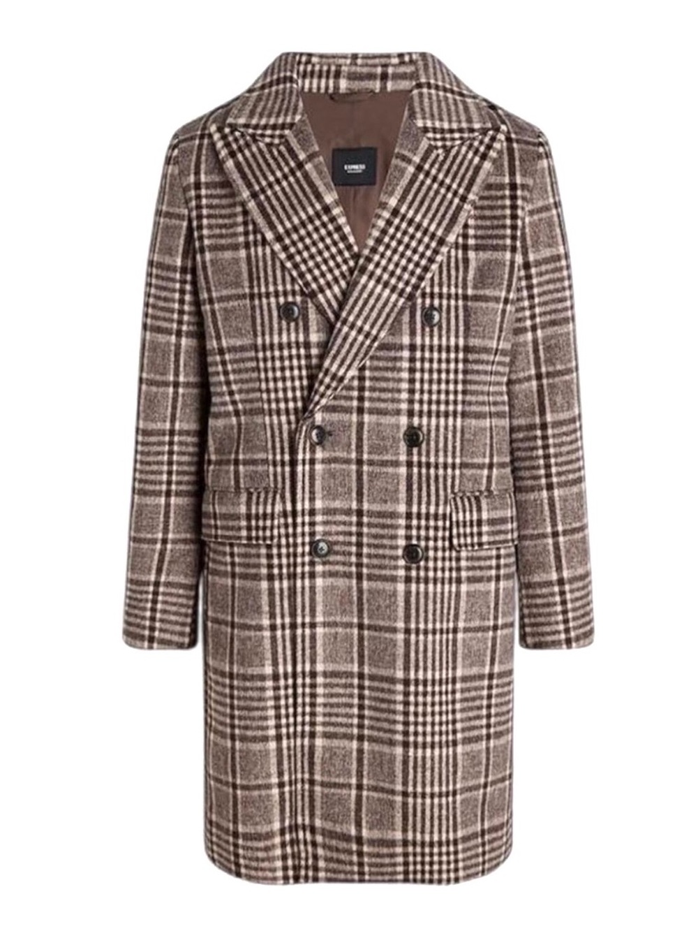 Express Espresso Brown Plaid Double-Breasted Topcoat Size Men’s Large